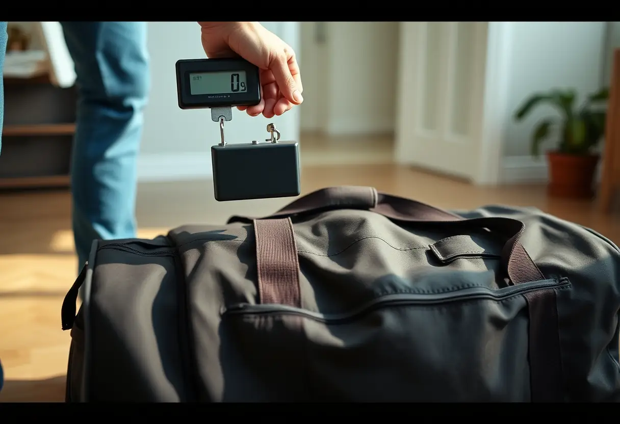 Une main tenant un porte-échelle portable en train de peser un grand sac de sport posé sur le sol d'une maison