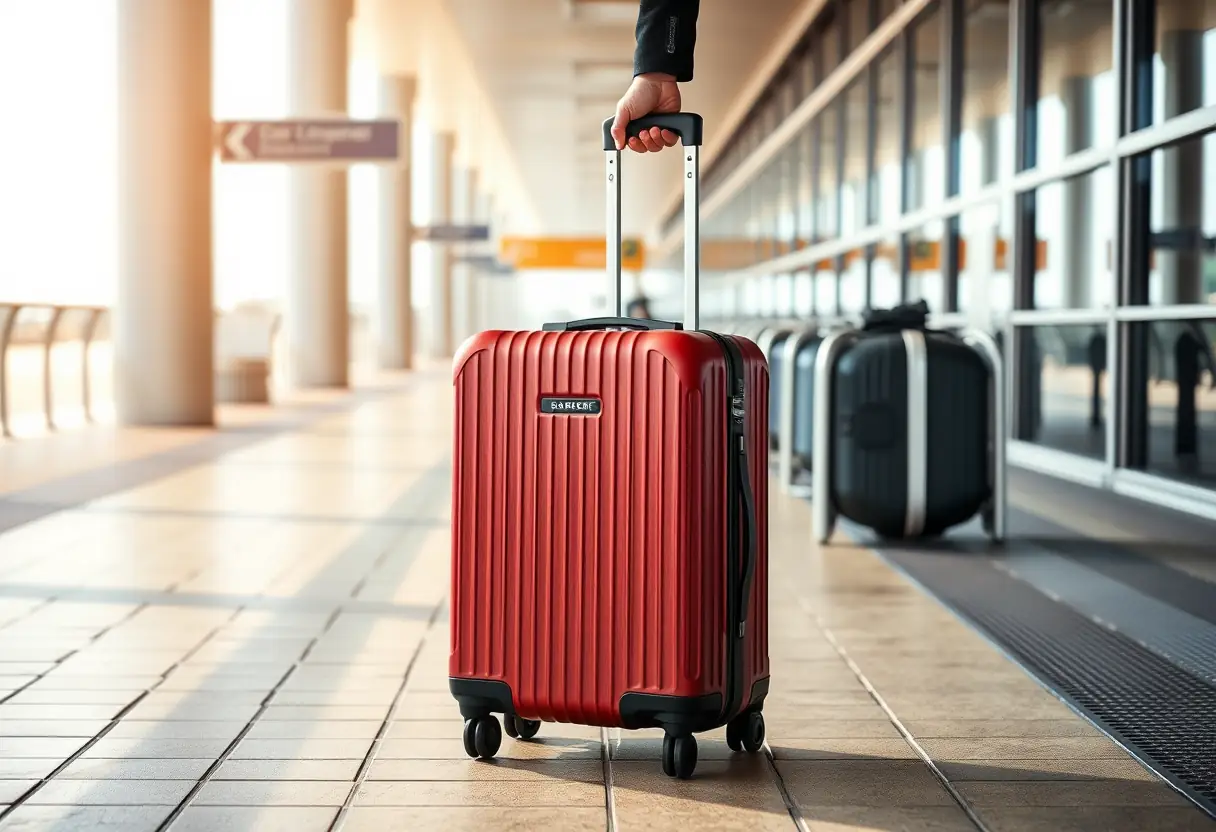 Une main tire le bouton retractable d'une grande valise à roulette le long d'un chemin pavé à l'extérieur du terminal aéroportuaire