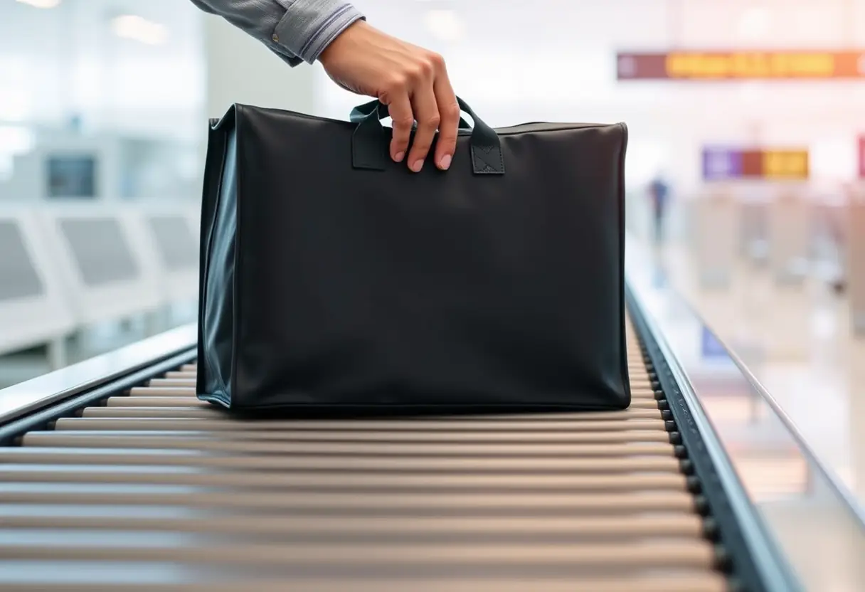 Une main pose un grand sac rectangulaire sur un tapis de convoyeur à l'aéroport