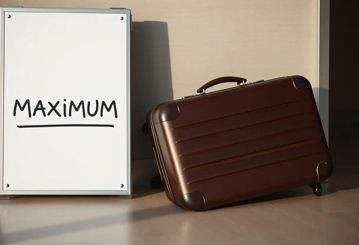Une valise rectangulaire posée sur le côté près d'une indication des dimensions maximales autorisées