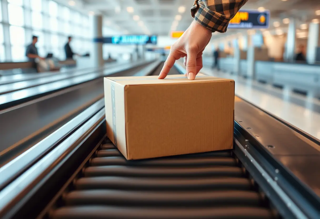 Un passager pose un carton rectangulaire sur le tapis roulant de la consigne bagages à l'aéroport.