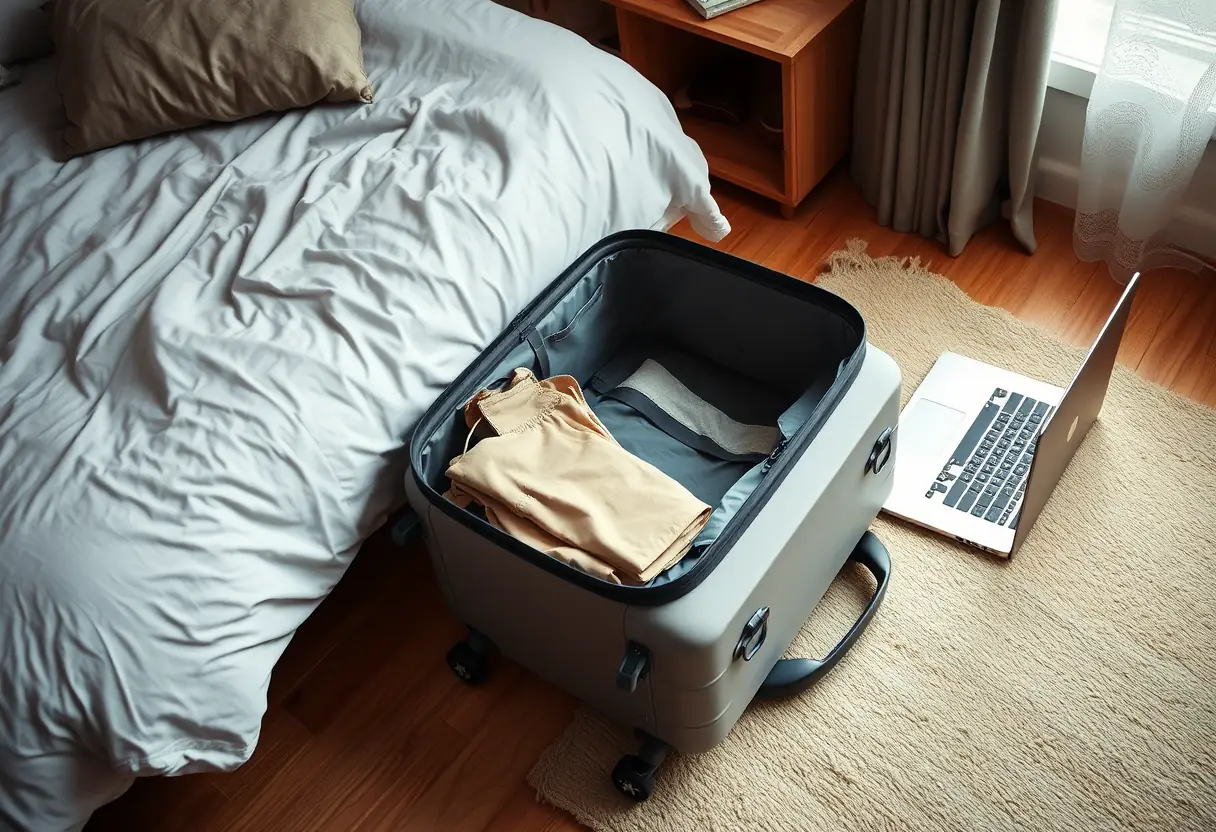 Une valise molletonnée pleinement chargée posée sur le plancher d'une chambre à coucher à côté d'un ordinateur portable