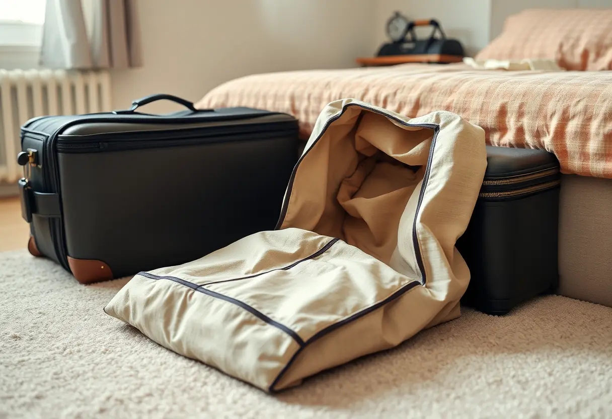 Un sac en toile pour chaussures ouvert sur le plancher d'une chambre à coucher, près d'une valise fermée