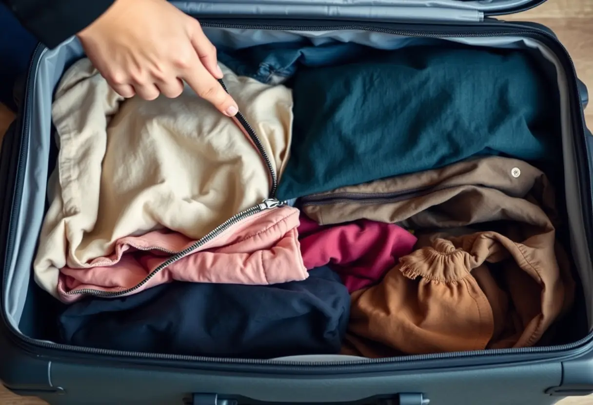La main d'une personne refermant la fermeture éclair d'une grande valise rectangulaire pleine de vêtements.