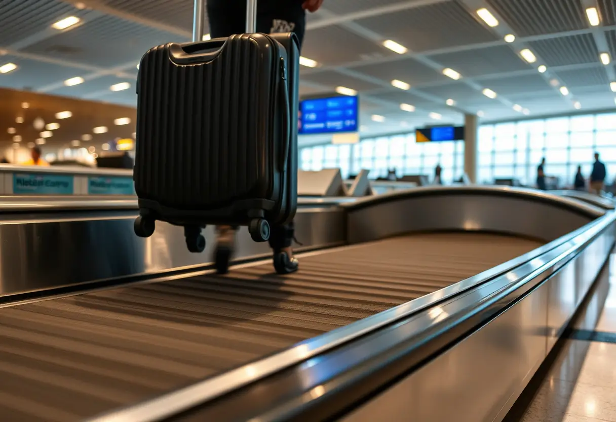 Les roues d'une valise roulant sur un tapis de récupération dans un terminal d'aéroport.