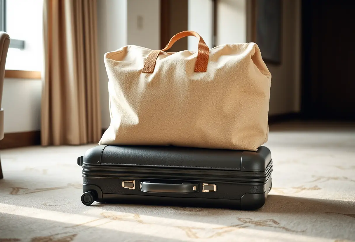 Un grand sac en toile posé sur une valise plus petite dans une chambre d'hôtel