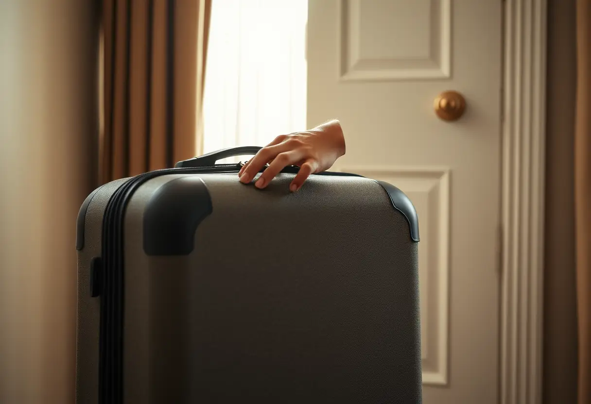 Une main zippant fermement une grande valise en tissu posée près de la porte d'une chambre d'hôtel au petit matin