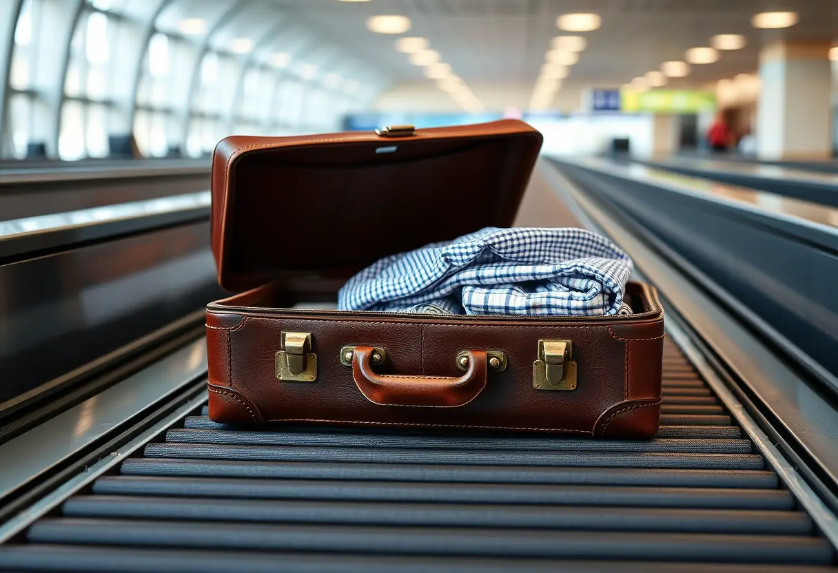 Un valise en cuir posée sur un tapis de transport à l'aéroport, avec son couvercle légèrement ouvert révélant des vêtements pliés avec soin