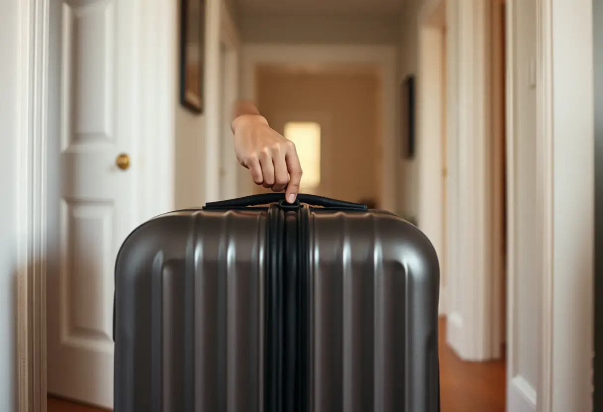 Une main refermant la fermeture éclair d'une valise dans le couloir d'un domicile, préparations pour voyager