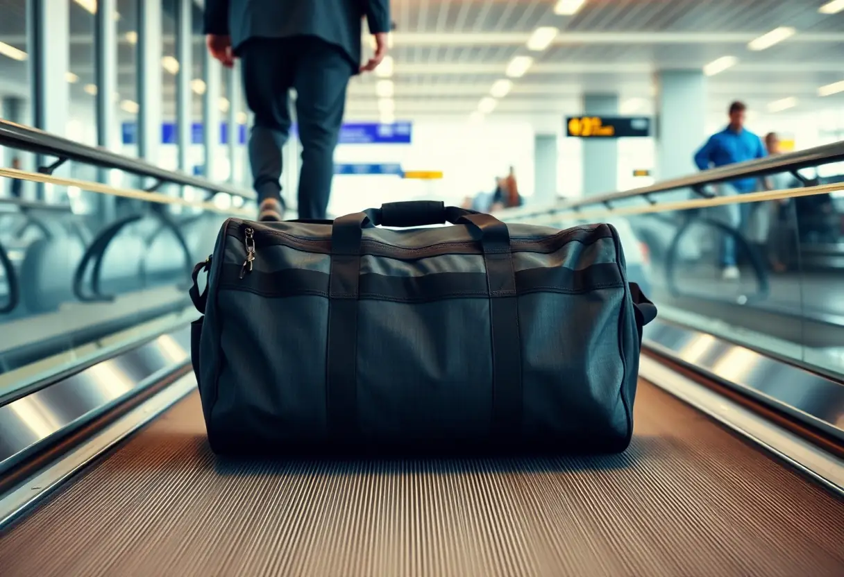 Un grand sac de sport roulé sur un tapis roulant à l'aéroport