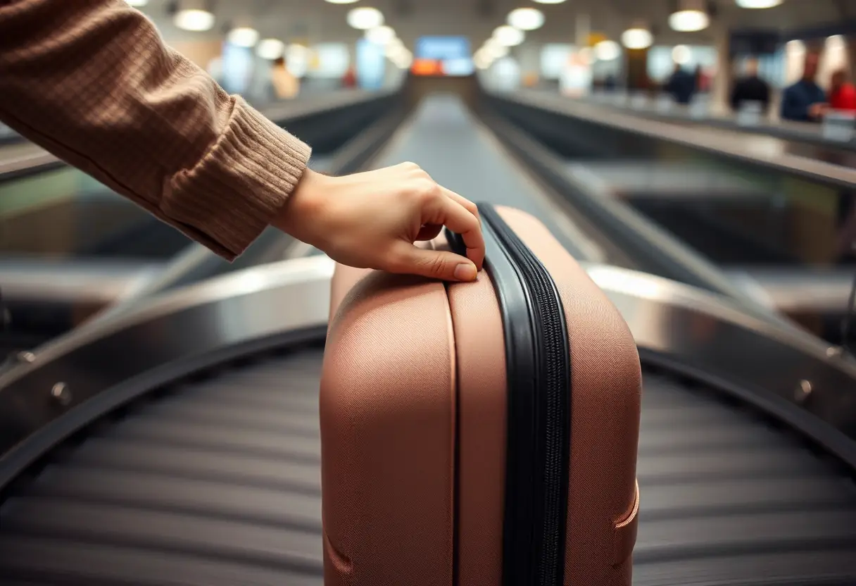 Une main ferme le zip d'une valise souple sur un tapis de récupération de bagages