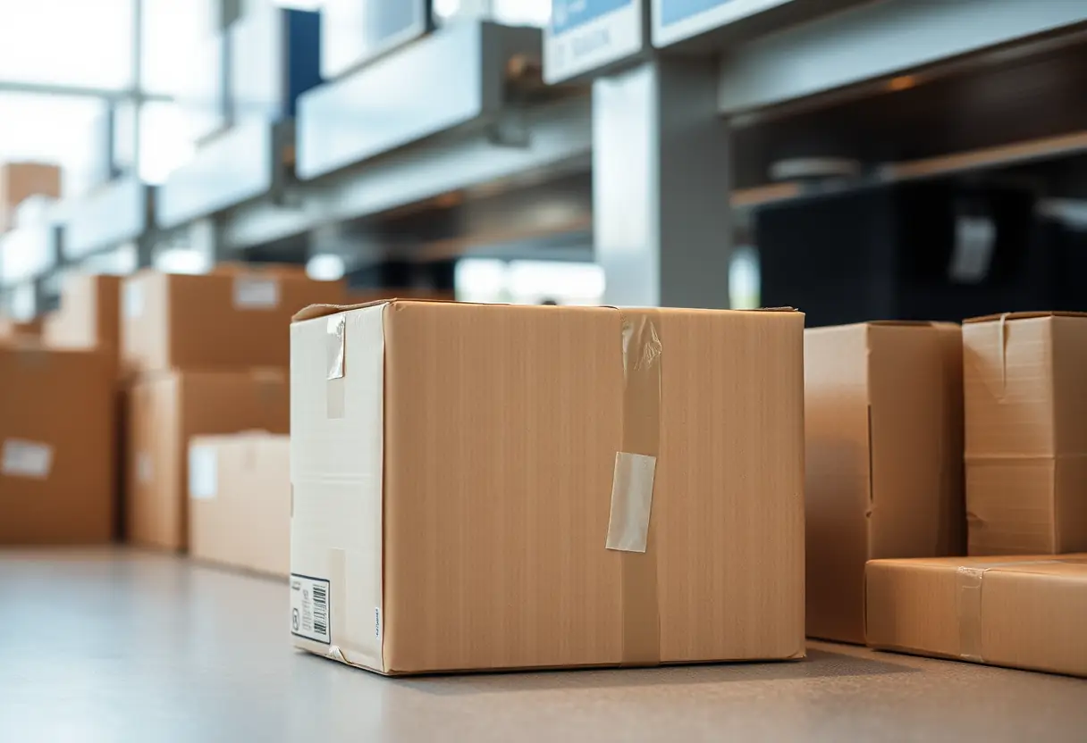 Un carton rectangulaire scellé par du ruban adhésif, placé sous un comptoir d'enregistrement dans un aéroport
