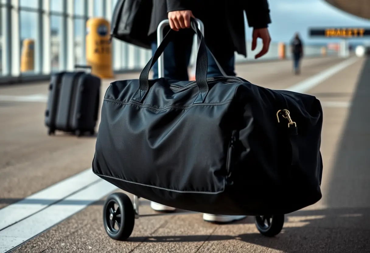 Un grand sac de sport noir roulé le long de la piste d'un aéroport