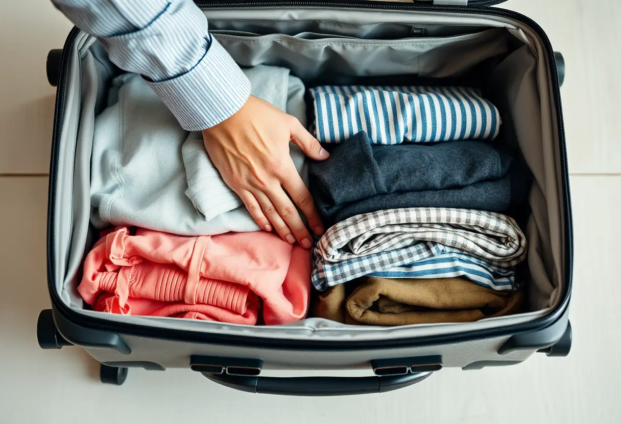 Une main qui s'active dans l'ouverture d'une valise rigide en plastique pour ranger des vêtements pliés avec soin