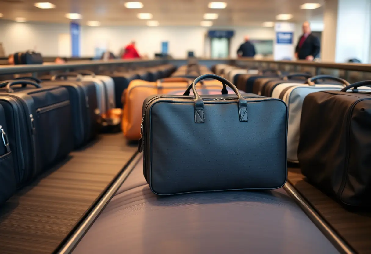 Un grand sac de rangement rectangulaire placé sur un tapis roulant pour bagages, tourne lentement parmi d'autres sacs similaires