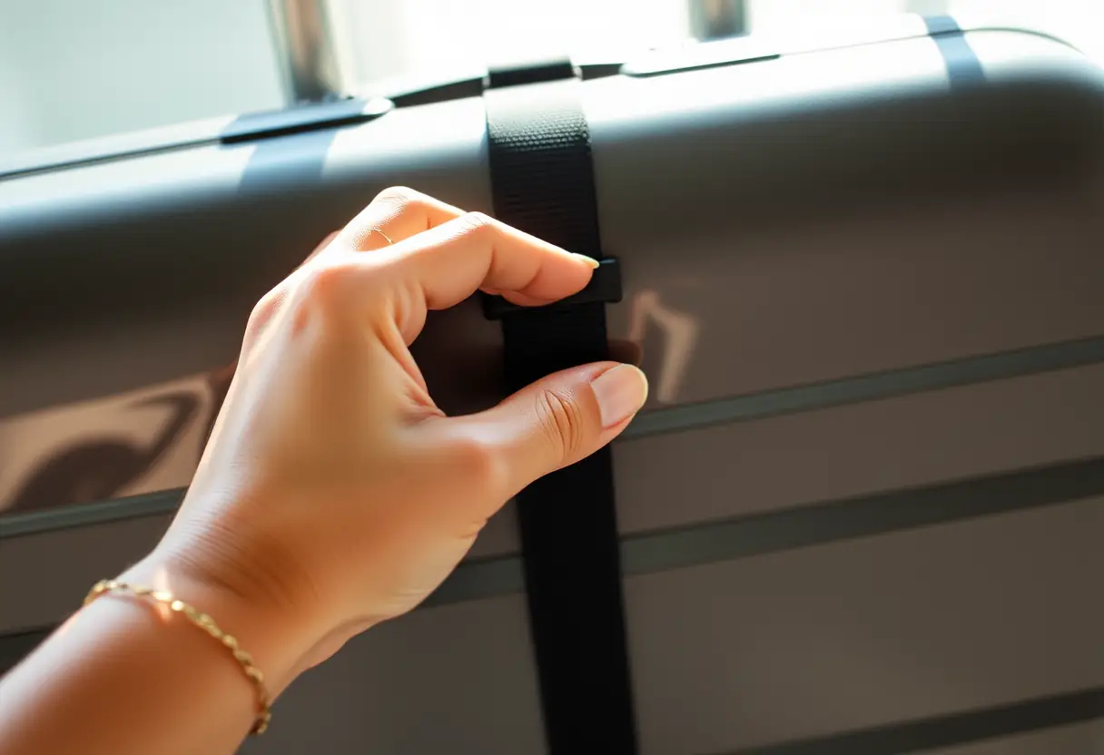 Une main serre une sangle sur une valise cabine rigide, éclairée par la lumière naturelle.