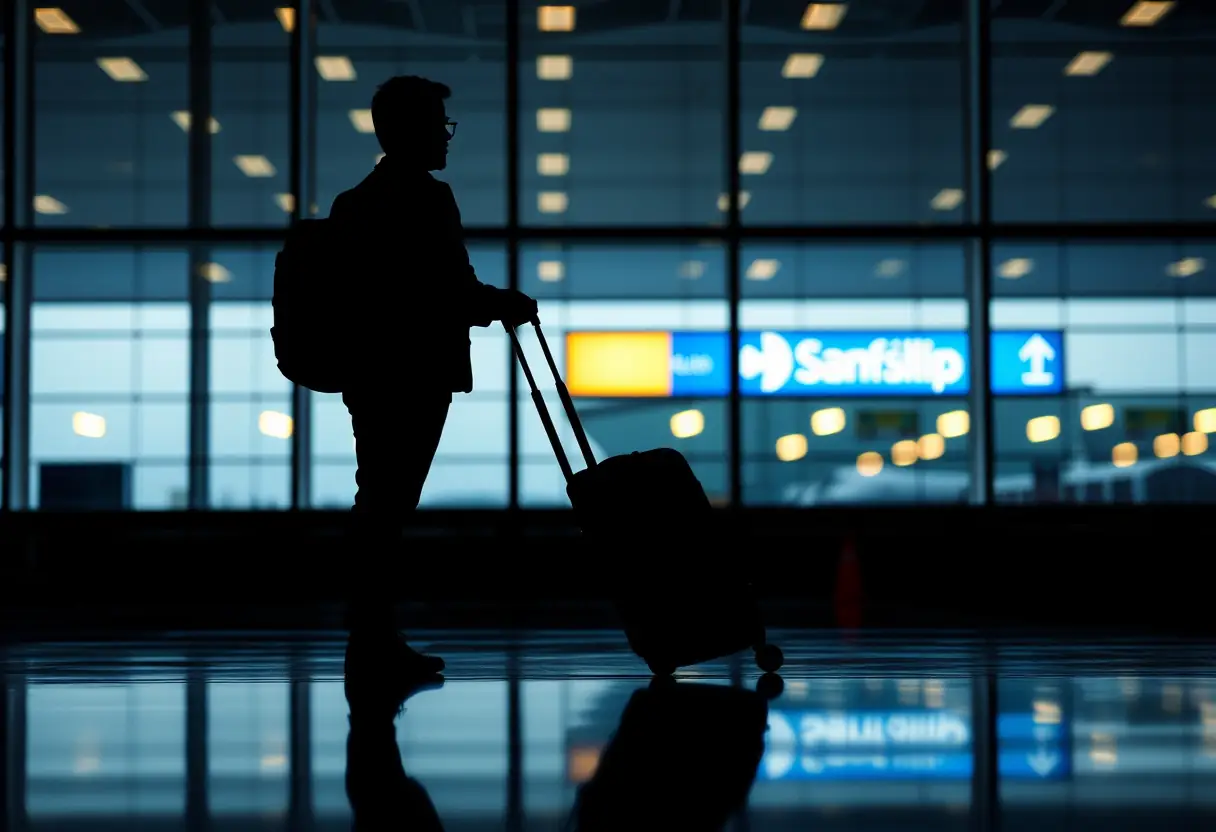 Un silhouetté près d'une valise cabine rigide dans un aéroport, la lumière réfléchie sur la surface brillante.