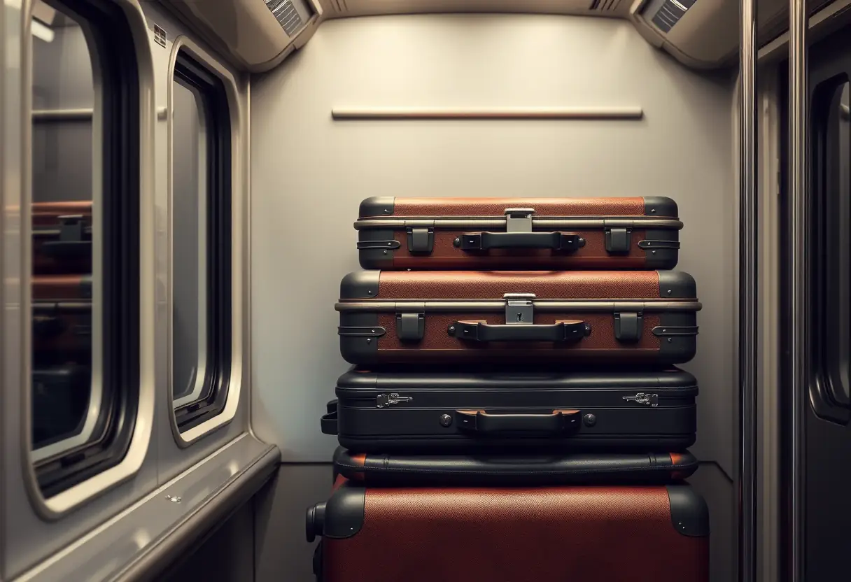 Un porte-malles dans un compartiment de train, contenant plusieurs valises bien rangées.
