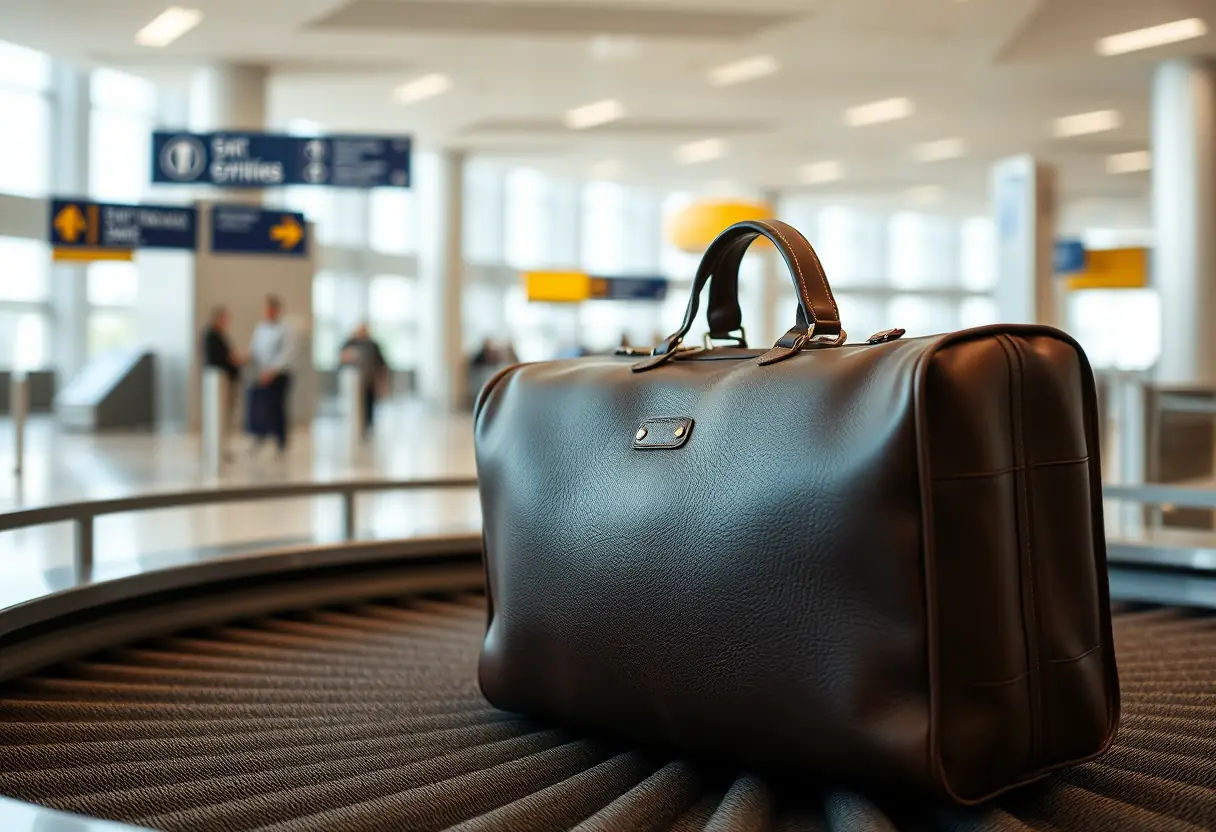 Un grand sac de voyage en cuir repose sur le tapis roulant des bagages dans un aéroport