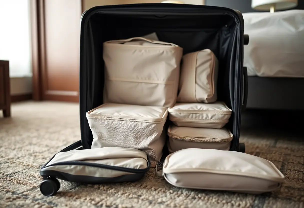 Des cubes de rangement bien organisés sont visibles à l'intérieur d'une valise ouverte sur le plancher d'une chambre d'hôtel