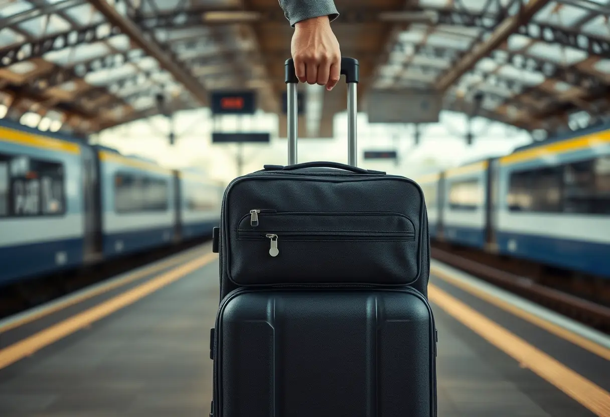 Une main refermant la fermeture éclair d'une valise moyenne en tissu sur un quai de gare