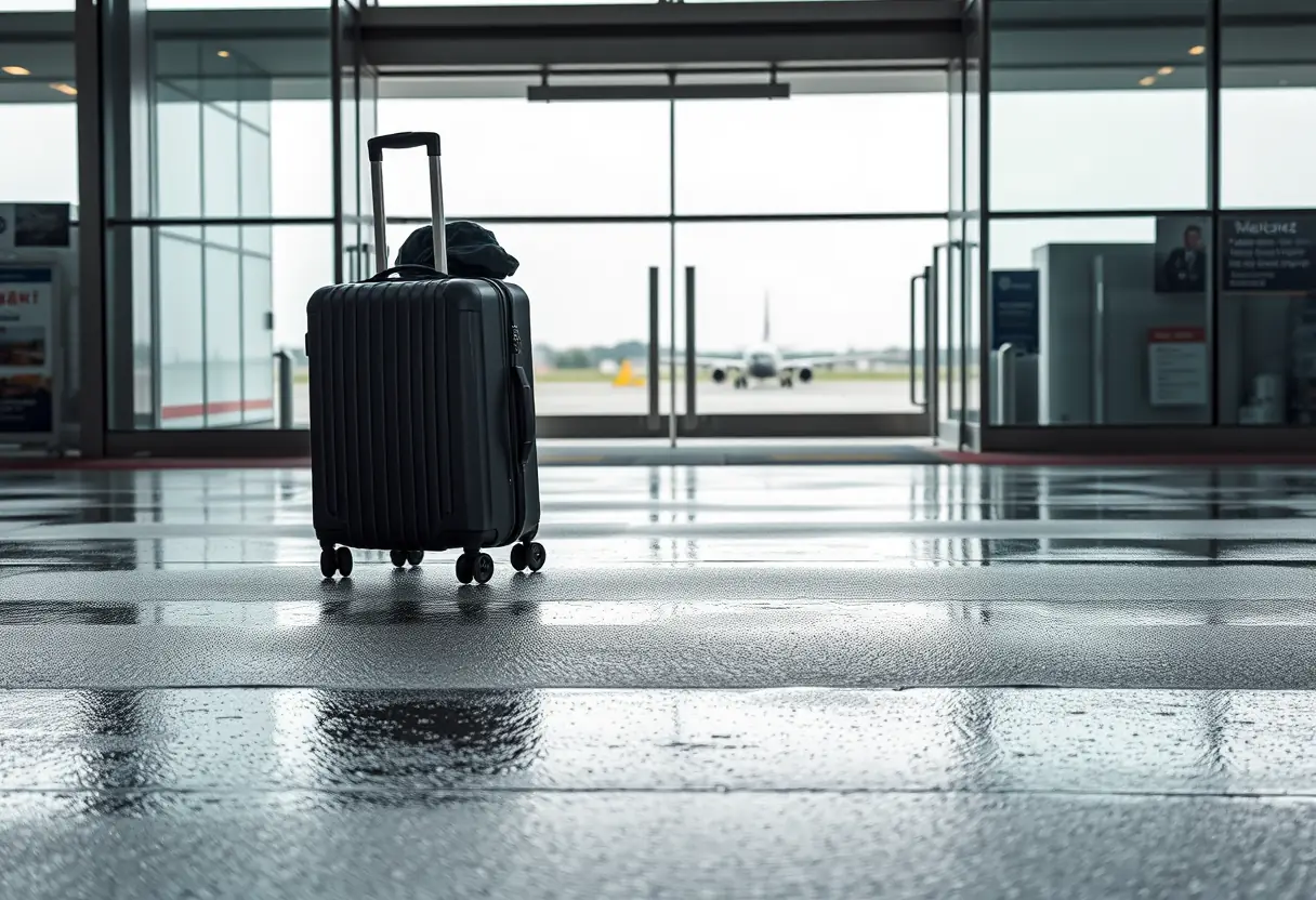 Des roues de valise roulant sur du bitume mouillé à l'entrée d'un aéroport