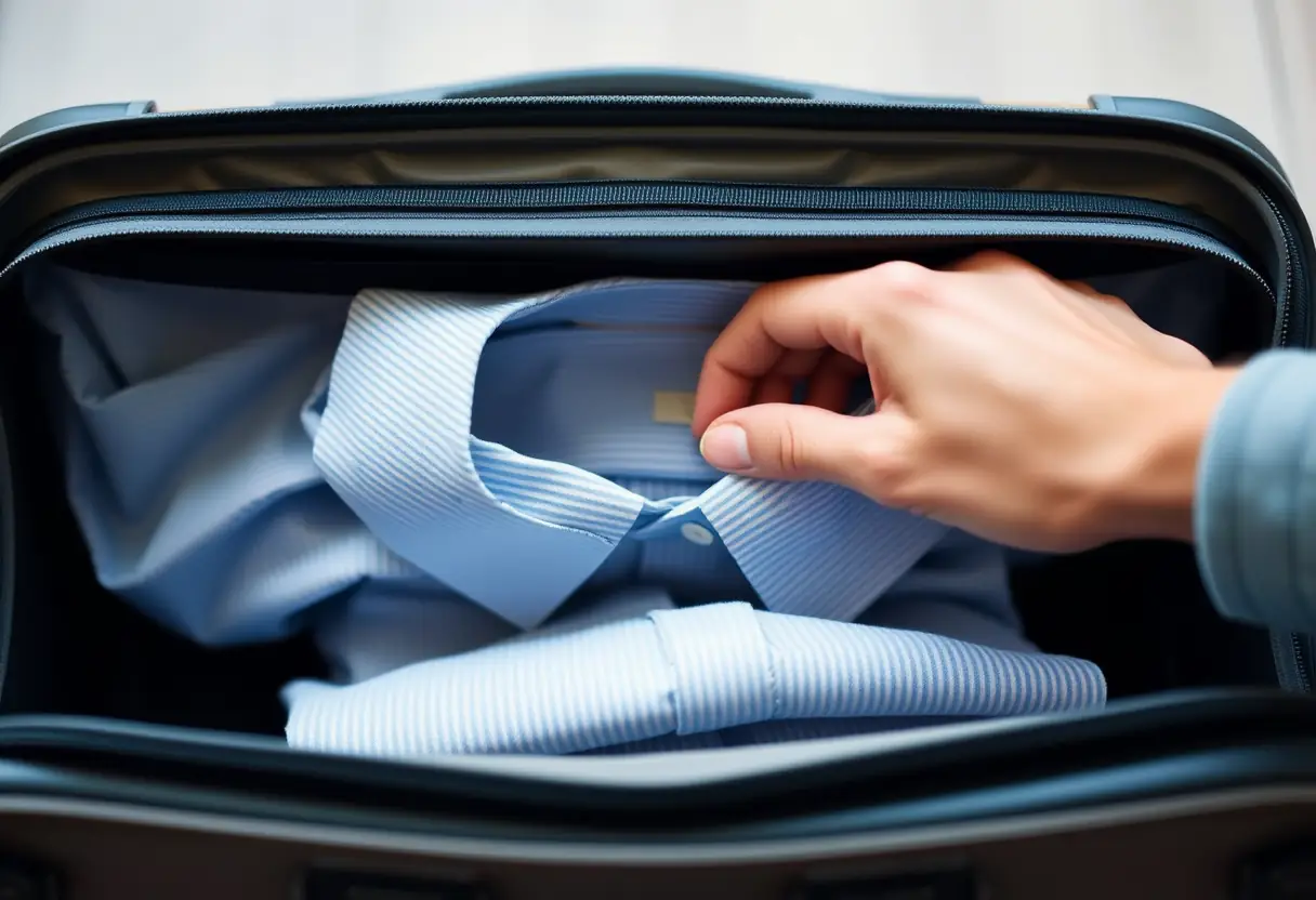 Une main plie soigneusement un chemisier dans l’ouverture d’une valise moyenne
