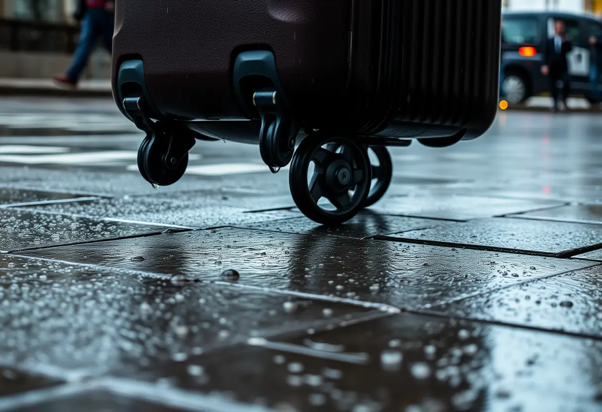 Les roues d'une valise roulent sur une rue mouillée, créant un motif d'eau sur le trottoir