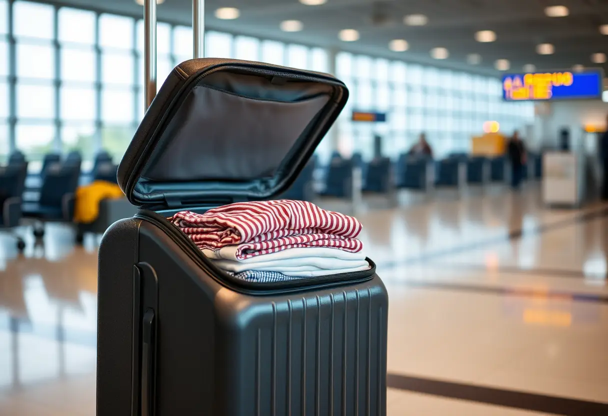 Une grande valise à roulette ouverte légèrement, montrant des vêtements pliés à l'intérieur, se trouve dans la zone de départ d'un aéroport