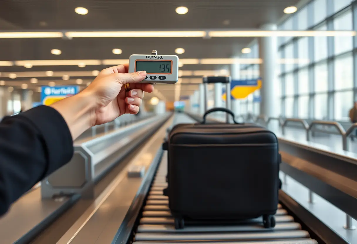 Une main tenant une balance de bagages qui pèse une valise souple posée sur un tapis de convoyeur dans un terminal d'aéroport