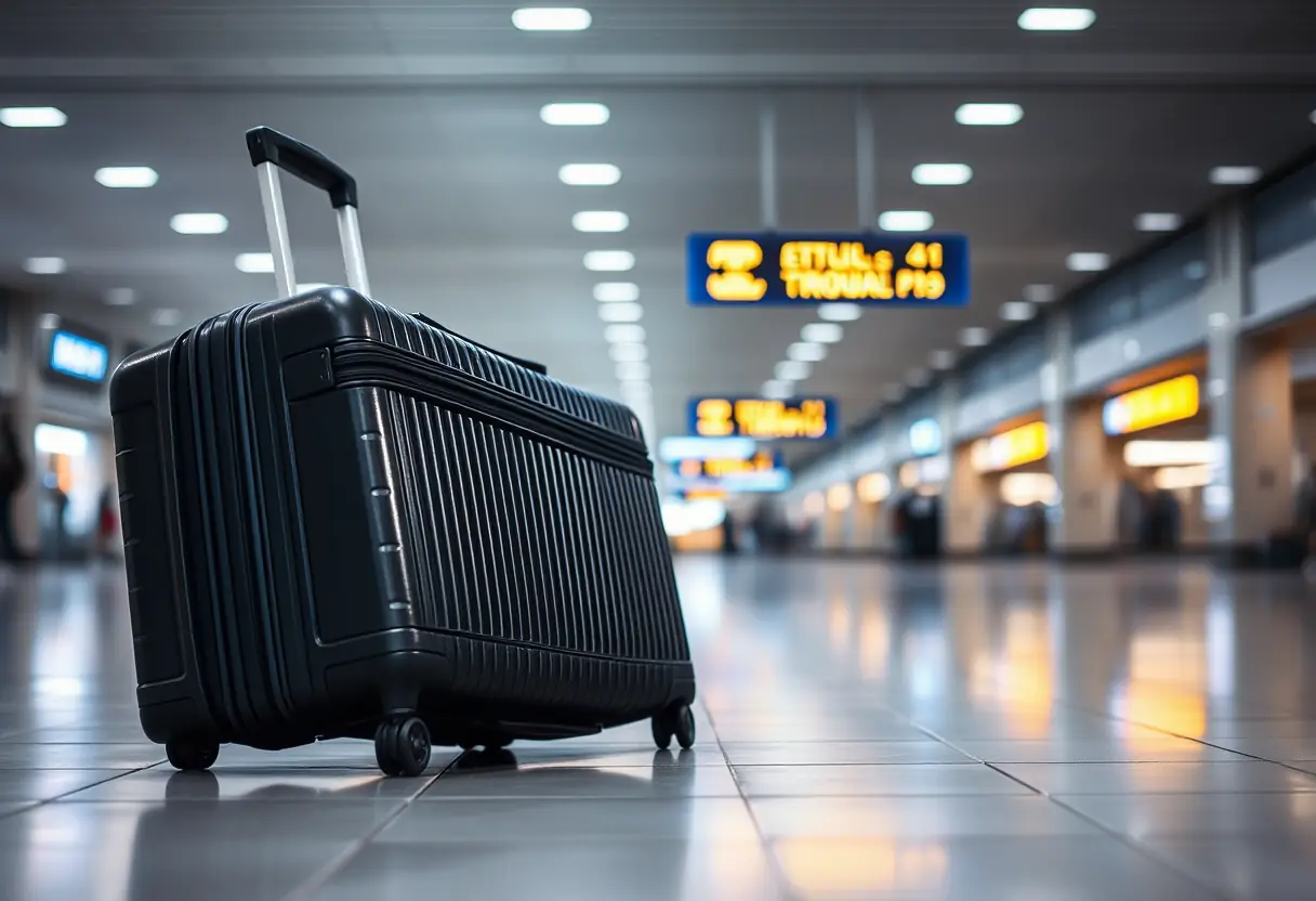 Une valise moyenne posée sur le sol dallé d'un terminal d'aéroport