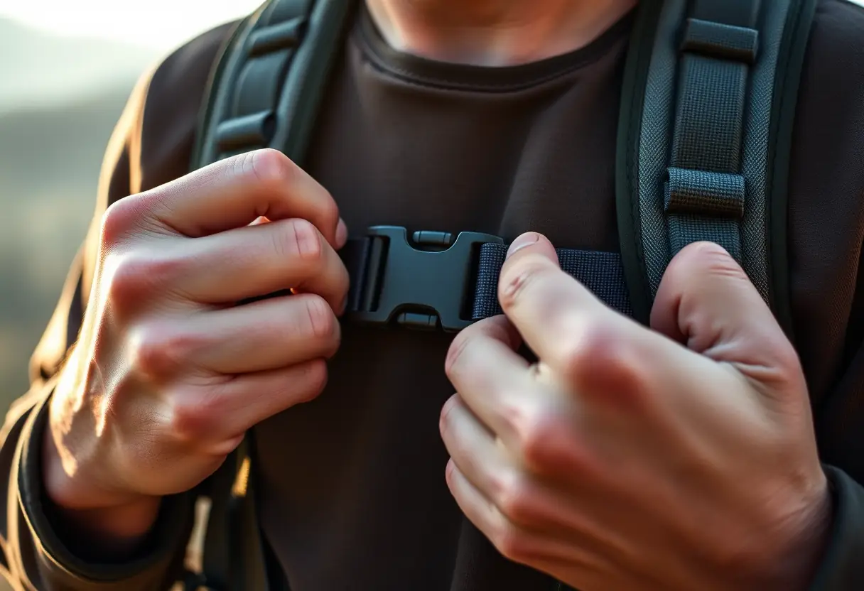 Des mains ajustent la boucle d'une sangle thoracique sur un sac à dos de randonnée au lever du soleil, lumière douce