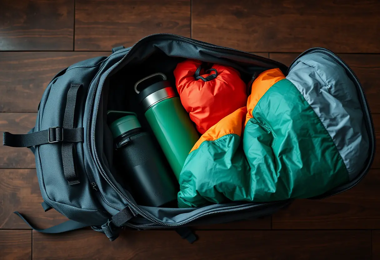 Un sac à dos ouvert sur une table en bois, montrant des objets emballés tels qu'une bouteille d'eau compacte et un duvet léger.