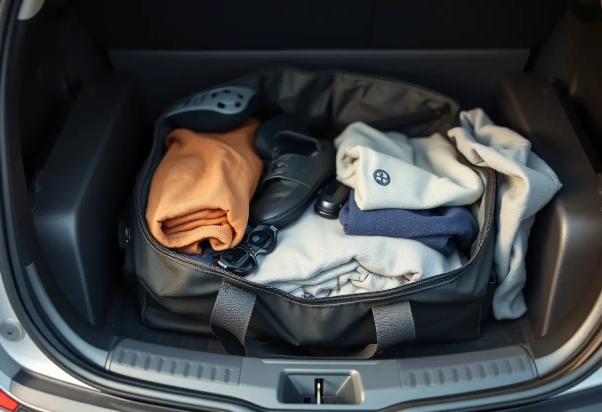 Un sac de sport bien rangé dans le coffre d'une voiture prête pour un road trip.