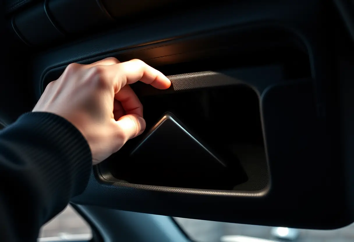 Une main qui sort un kit de réparation de la boîte à gants de la voiture