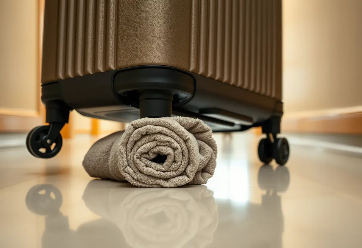 Un rouleau de serviette placé sous les roues d'une valise dans un couloir d'hôtel