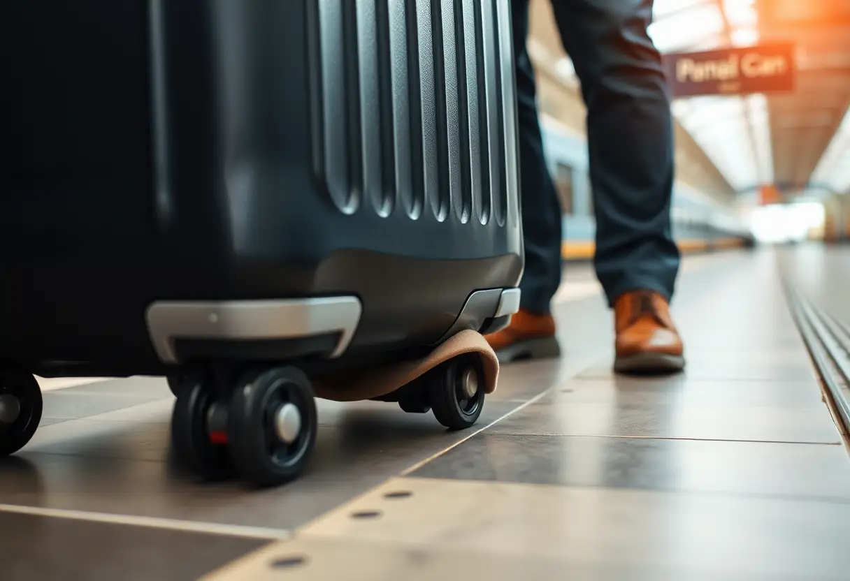 Une personne pose un morceau de caoutchouc mousse sous les roues d'une valise sur le quai de la gare
