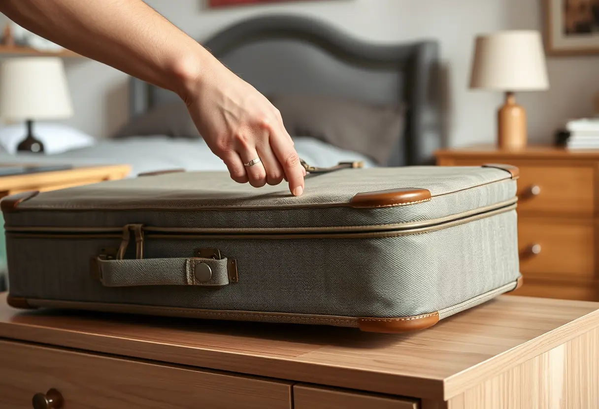 Une main refermant la fermeture éclair d'une valise en tissu posée sur une commode dans une chambre