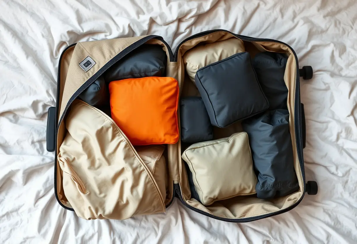 Des cubes de rangement bien alignés à l'intérieur d'une valise ouverte posée sur un lit