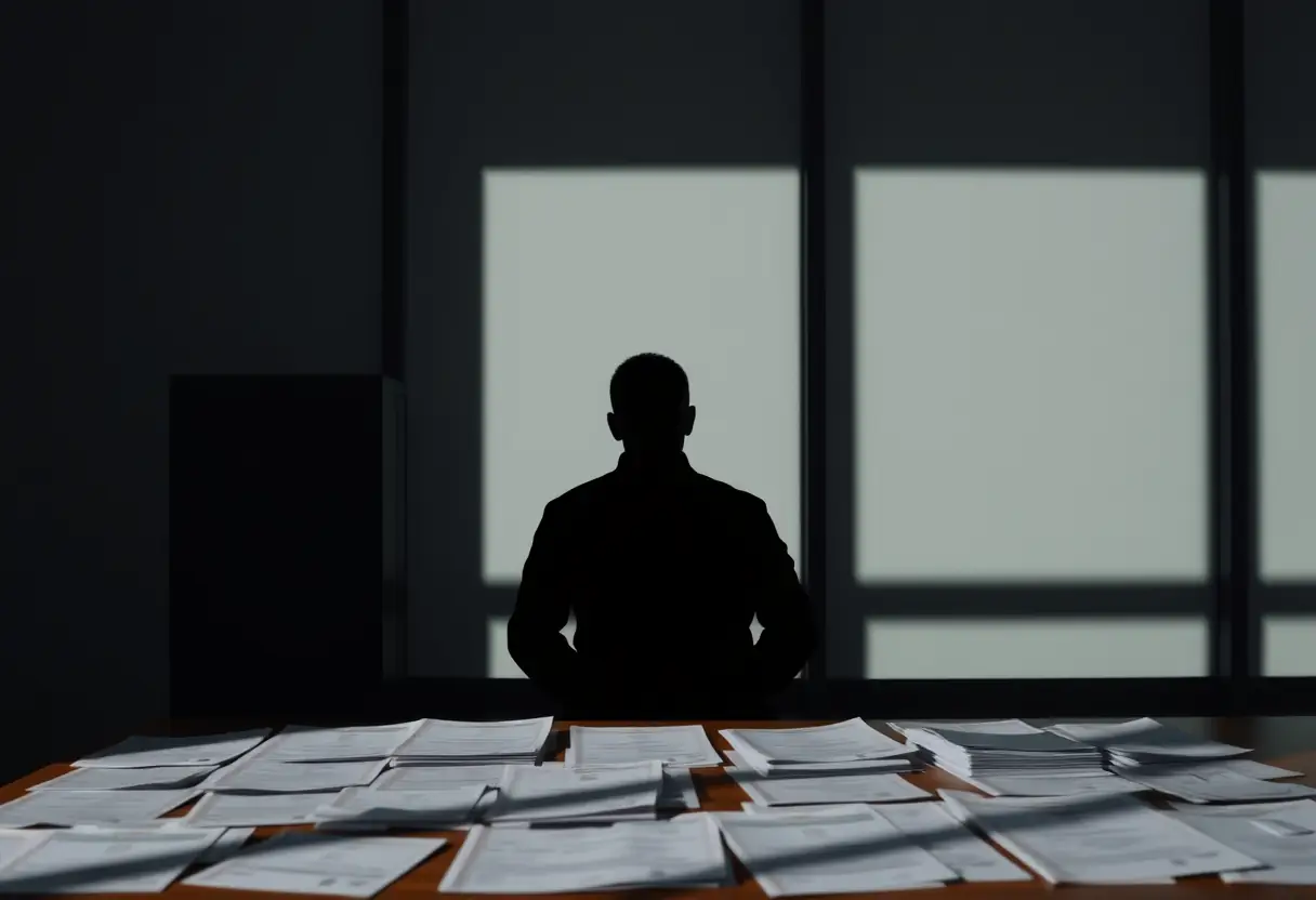 La silhouette d'une personne se tenant derrière un bureau couvert de paperasse liée aux annulations de vols et aux remboursements