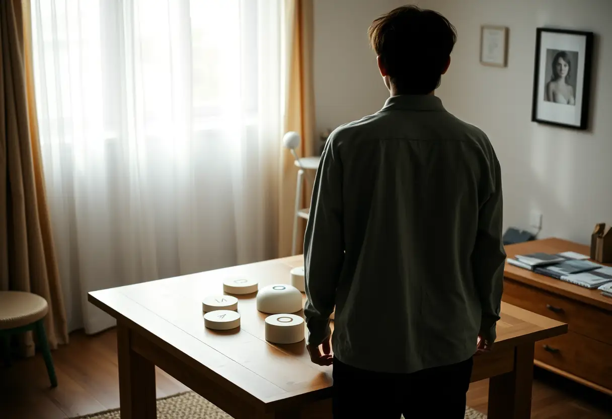 Une personne se tient près d'une table avec des objets ronds utilisés pour le voyage, dans une chambre