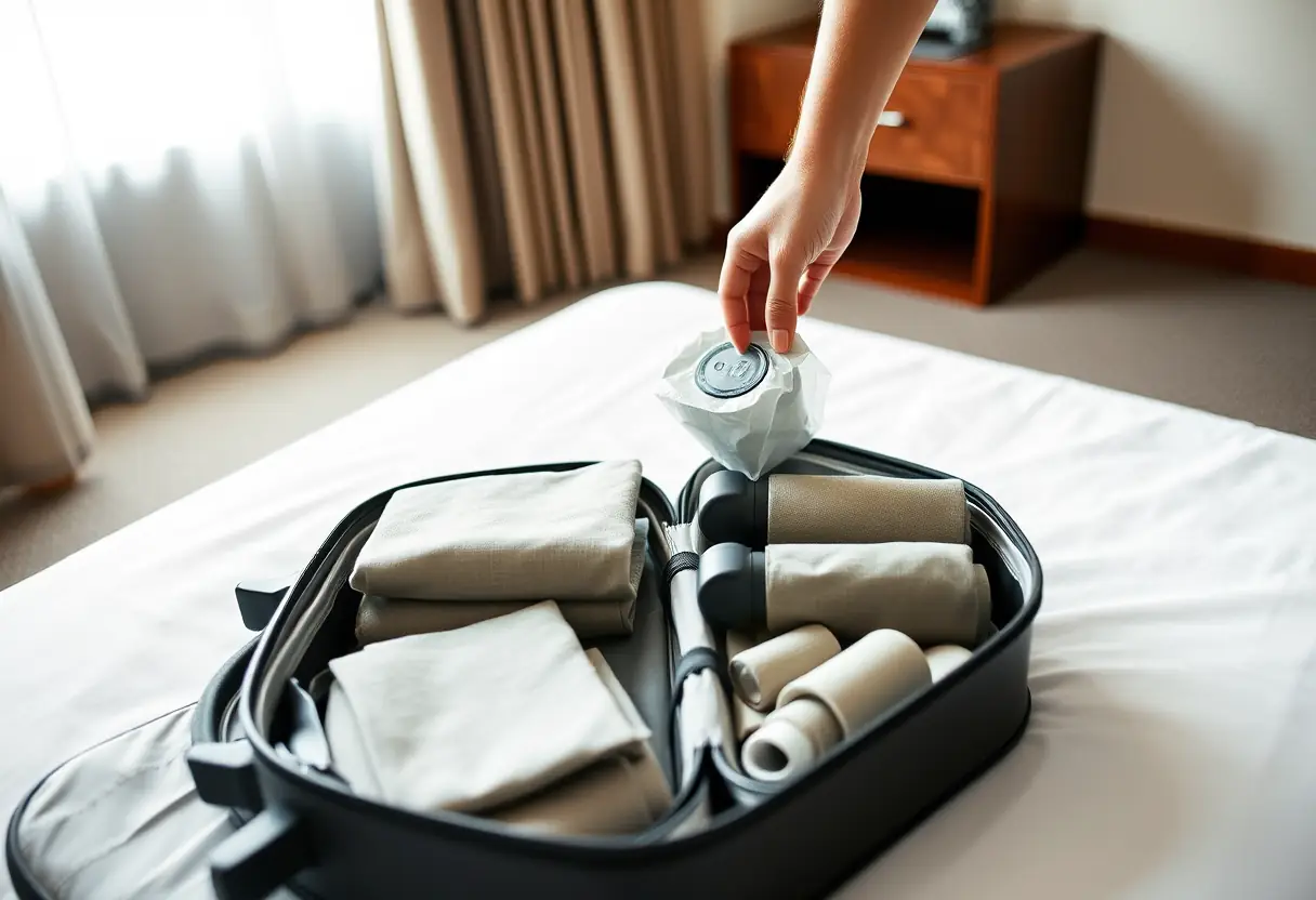 Une valise ouverte dans une chambre d'hôtel, contenant des vêtements pliés et des objets de voyage.