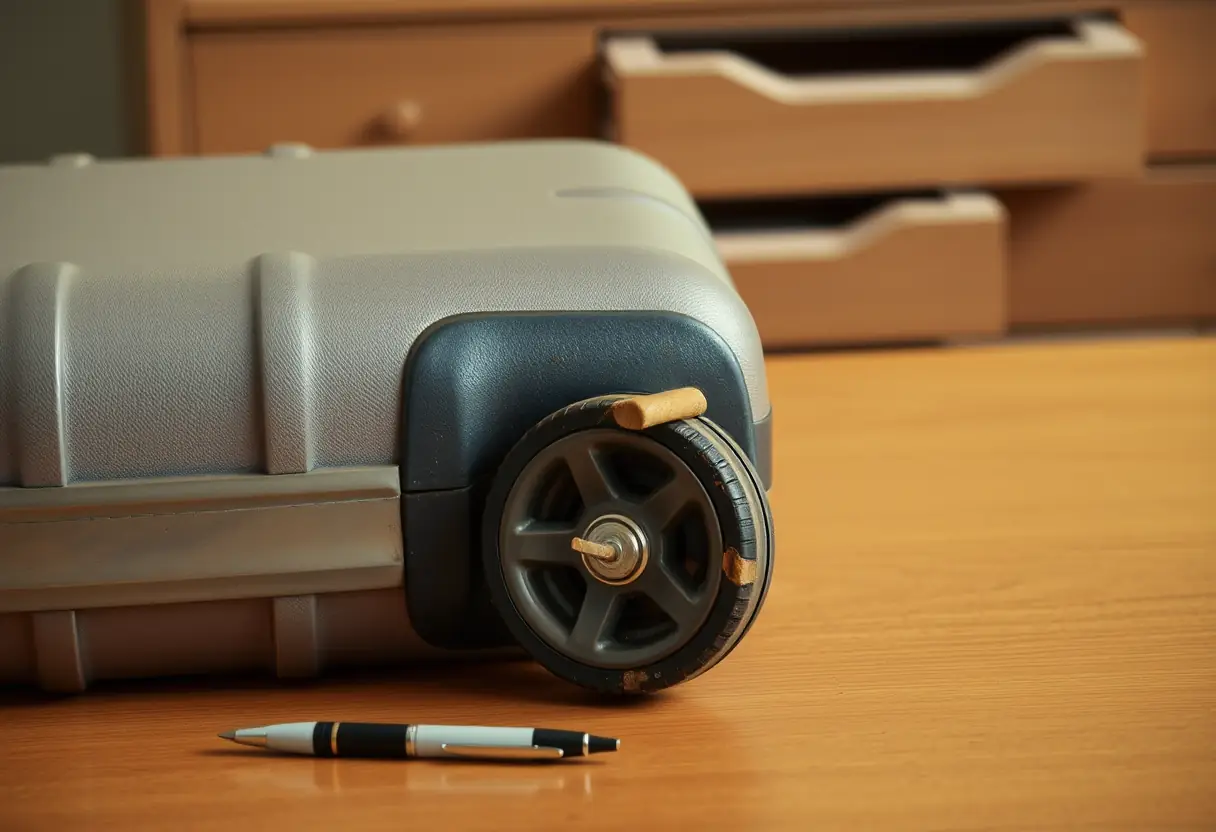 Une valise posée sur un bureau avec la roue endommagée bien visible, un stylo à côté, un tiroir partiellement ouvert en arrière-plan