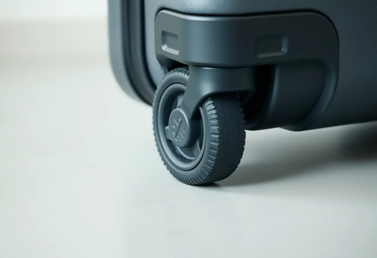 Une roue de valise en caoutchouc tourne doucement sur une surface plane