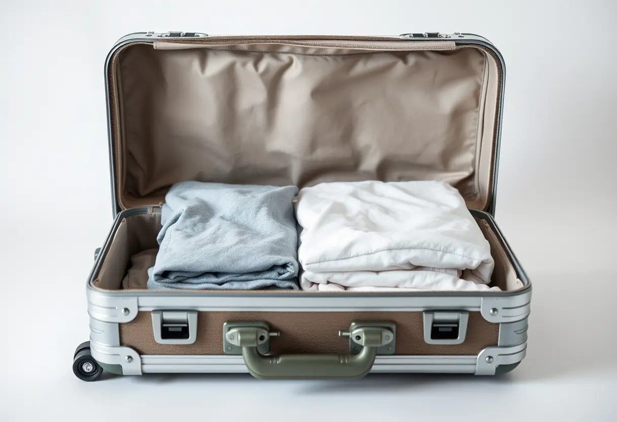 Une valise rigide en aluminium ouverte révélant des vêtements soigneusement pliés