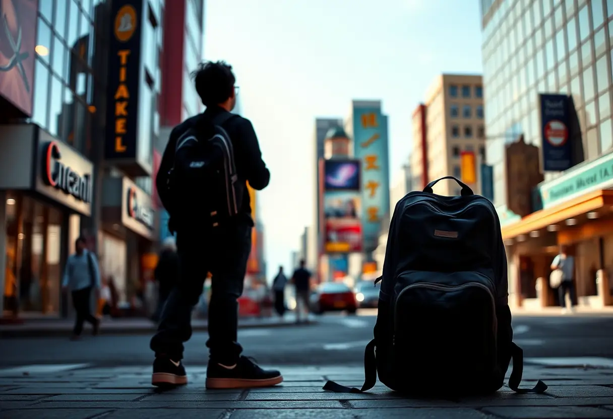 Un silhouette de voyageur avec son sac à dos en nylon sur une rue animée.