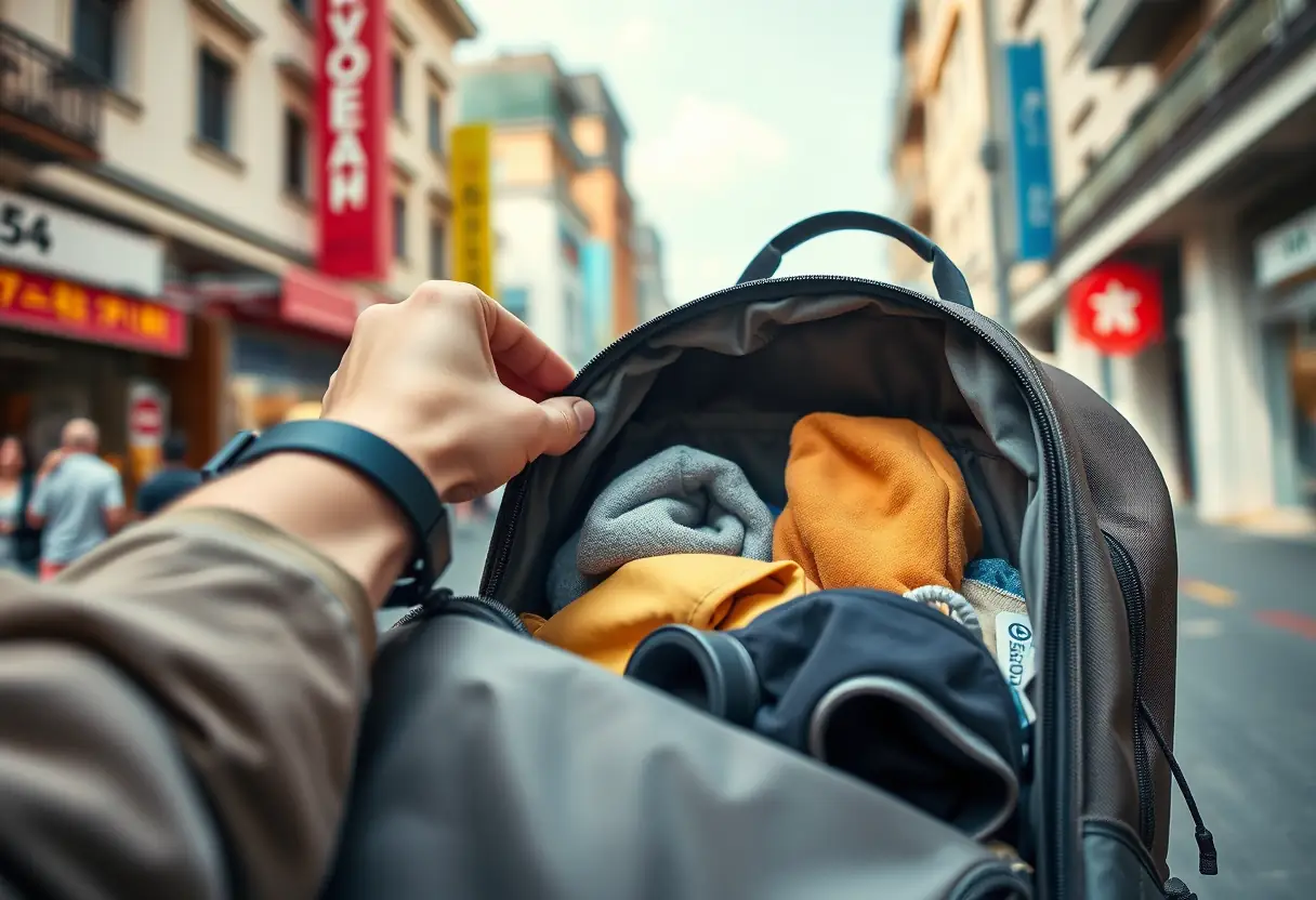 Une main organise les affaires dans un sac à dos, au milieu d'une ville animée