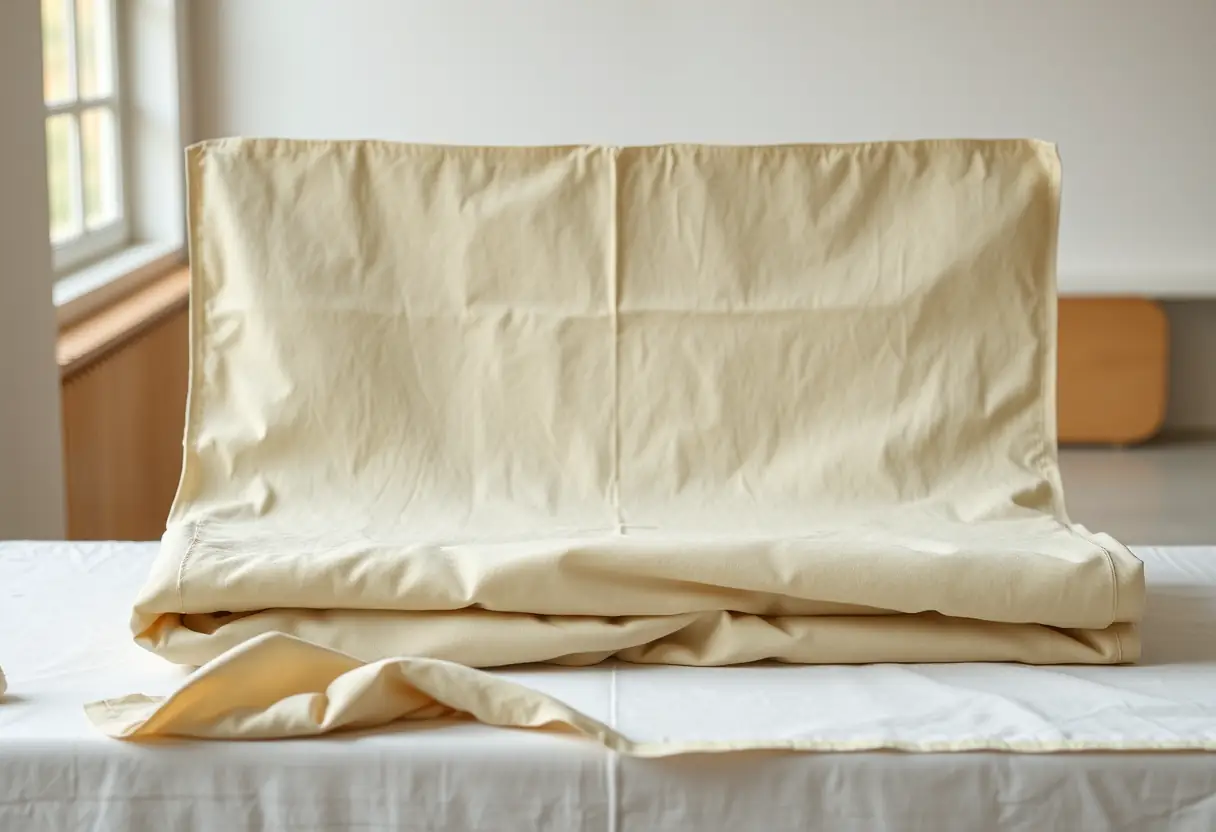 Un tissu robuste plié sur une table, prêt à devenir un sac à dos de voyage