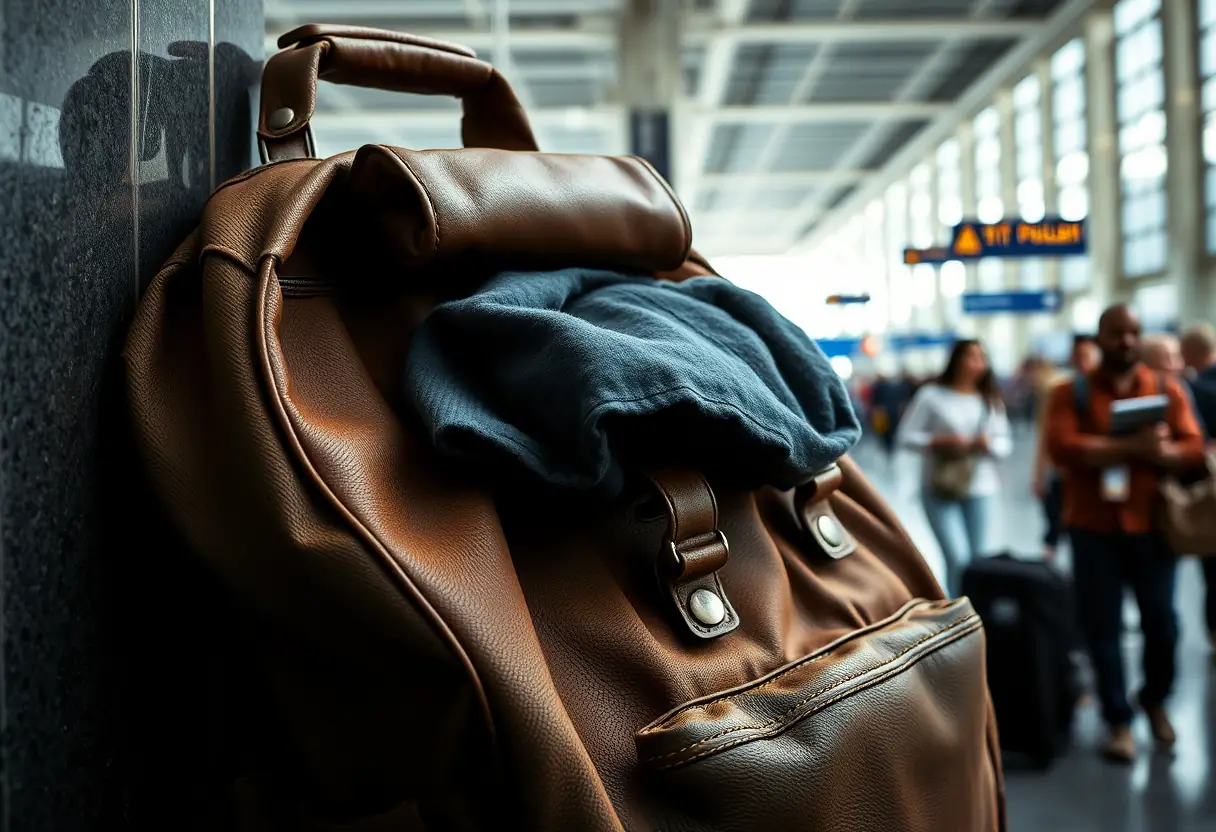 Un grand sac à dos rembourré reposant dans un aéroport, prêt pour un voyage.