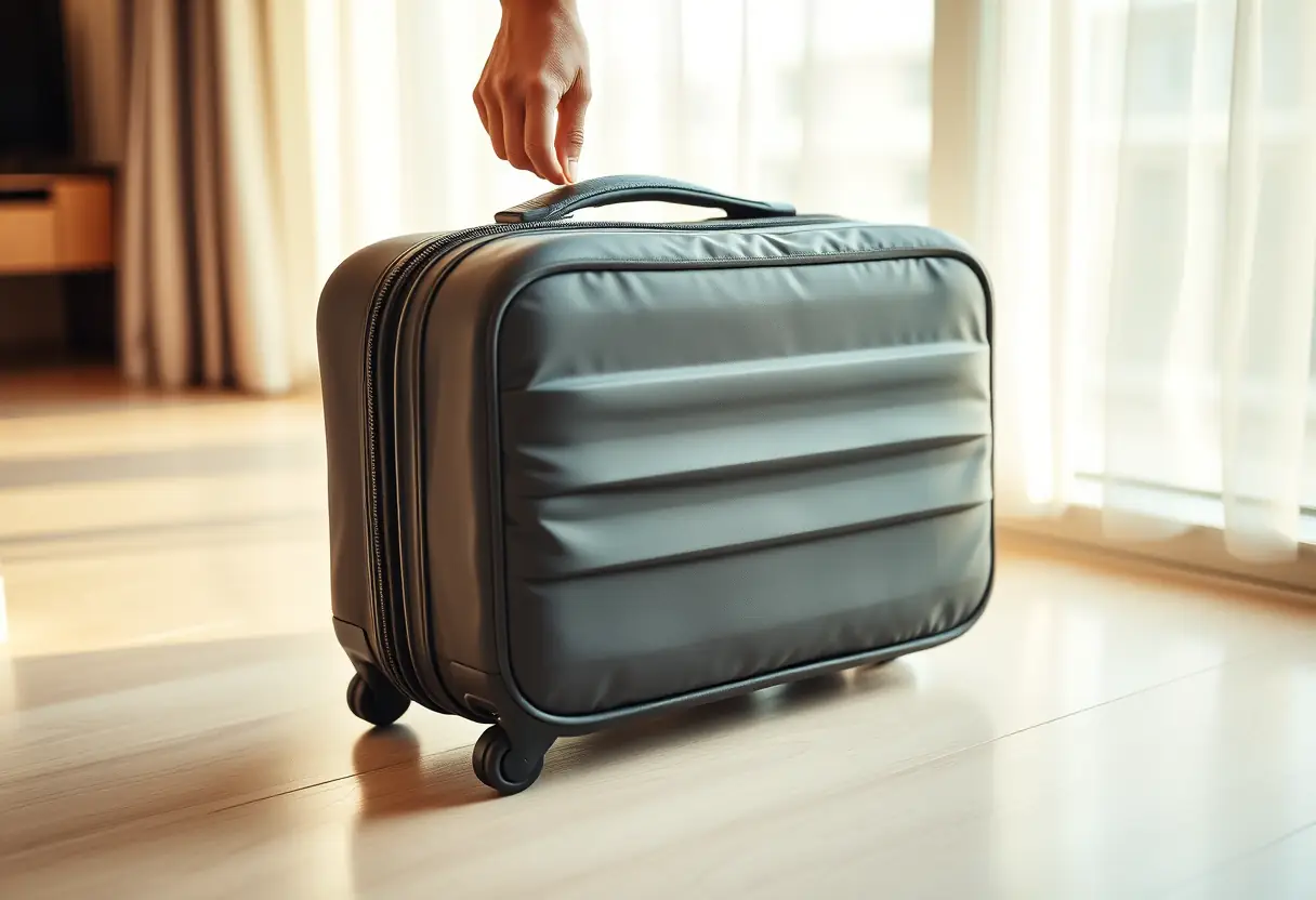 Une main ferme la fermeture d'un petit sac de voyage en nylon, dans une chambre d'hôtel.